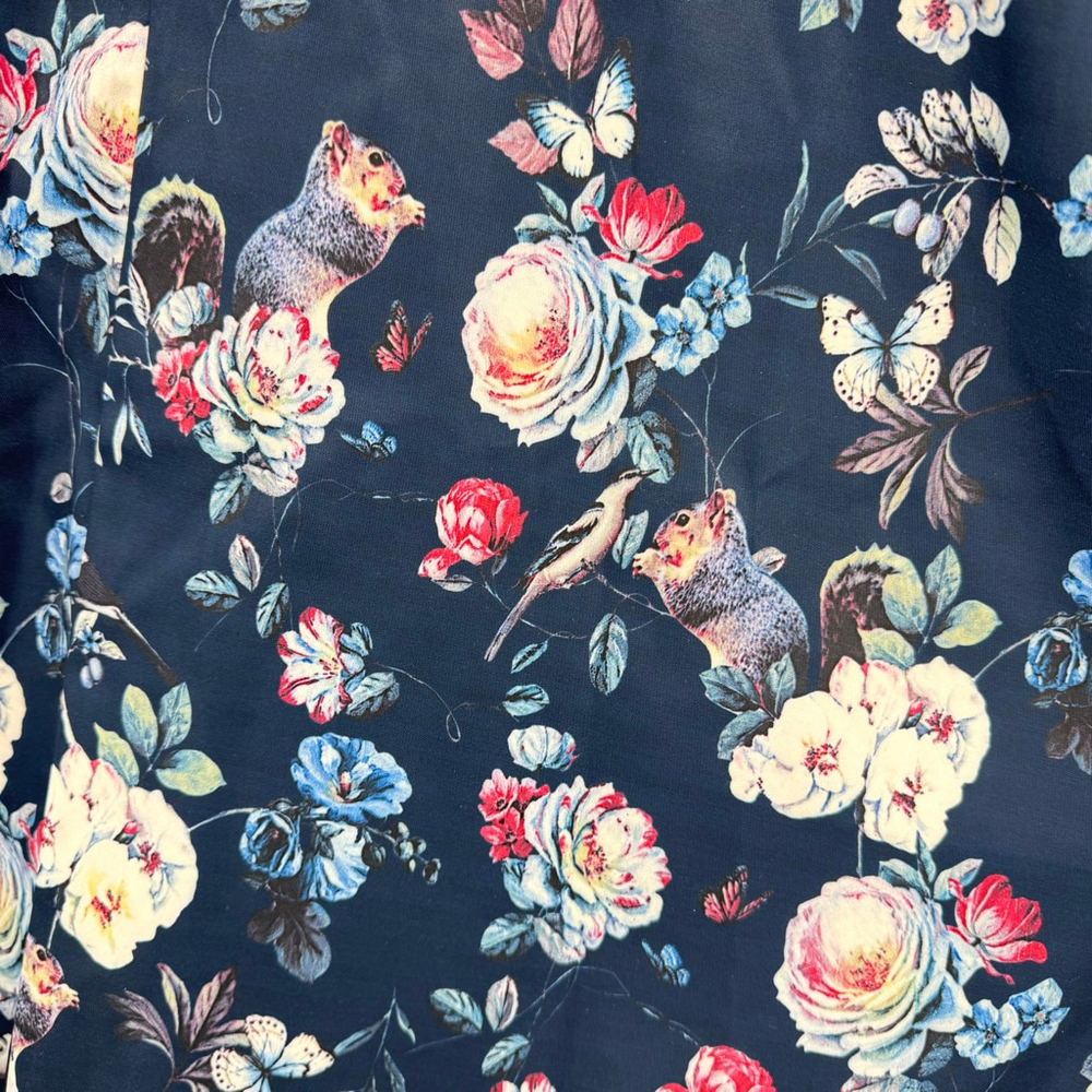 Navy Blue Satin A Line Skirt Flowers Squirrels Birds Butterflies Novelty Small - Picture 3 of 6